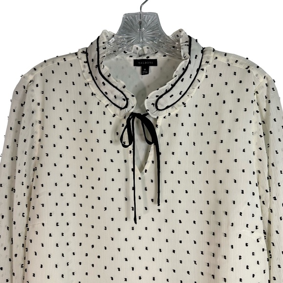 Talbots WM Tie Neck Top White with Black Embroidered Small Dots and Ruffle Neck - Picture 2 of 8